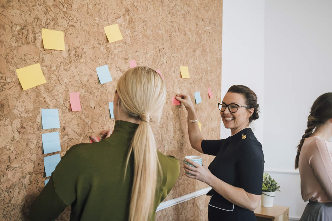 Two women discussing a project