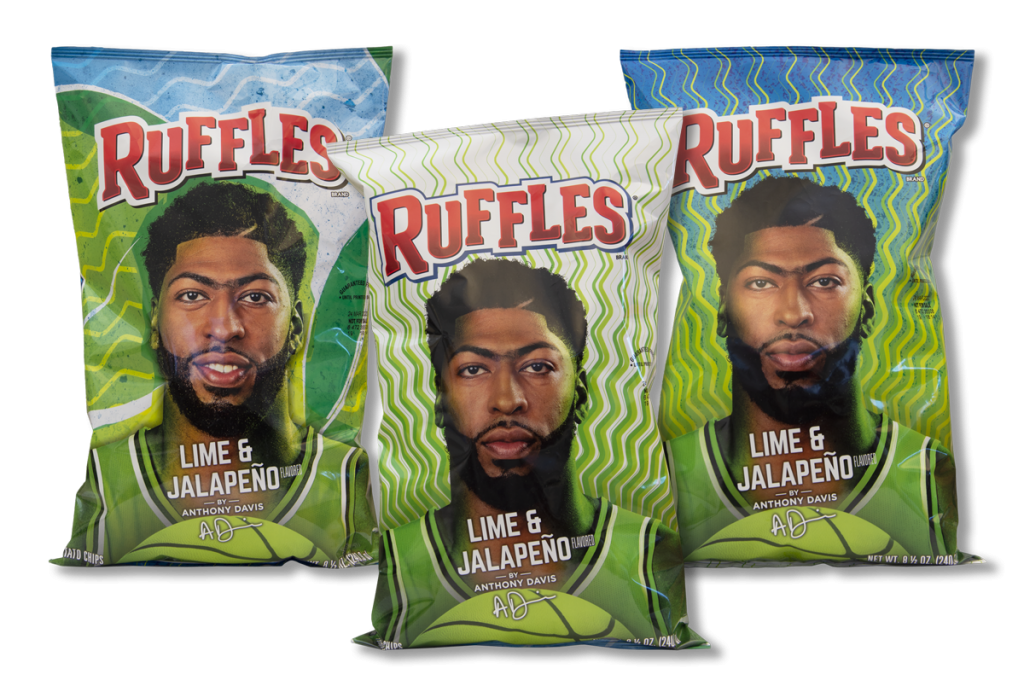 three bags of Ruffles potato chips with basketball ☆ Anthony Davis on the bags