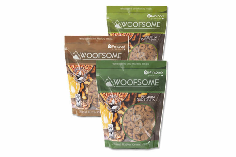 three bags of Woofsome dog treats by Printpack Preserve