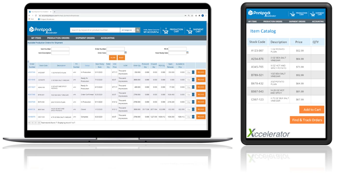 printpack_xcellerator_screens computer and tablet screen with X-cellerator info