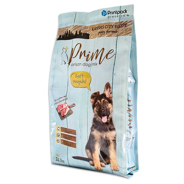 Prime Artisan Sustainable dog food packaged by Printpack Preserve