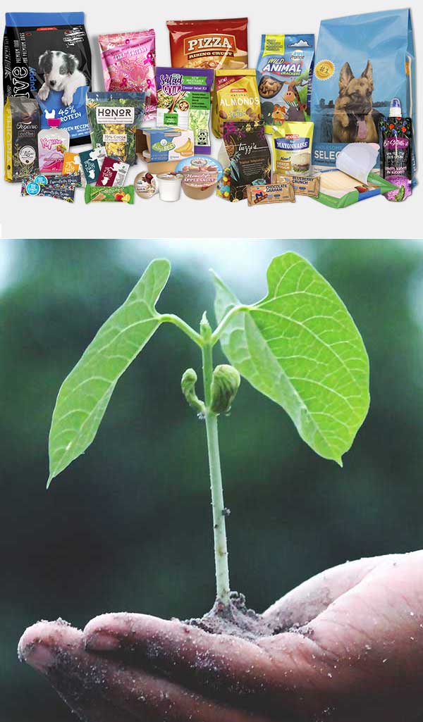 Printpack Preserve products and a hand holding a seedling tree as a symbol of sustainability